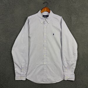 Polo Ralph Lauren Shirt Mens 17.5 Purple Striped Custom Fit Button Down Preppy